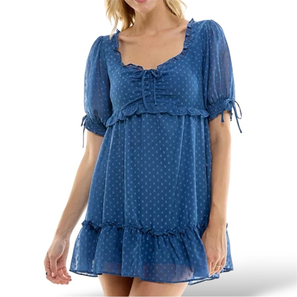 Blue Polka Dot Chiffon Babydoll Mini Dress